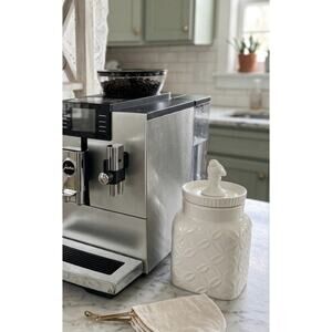 White Ceramic Square Jar with Bird Handle Lid, Geometric Pattern Kitchen Storage